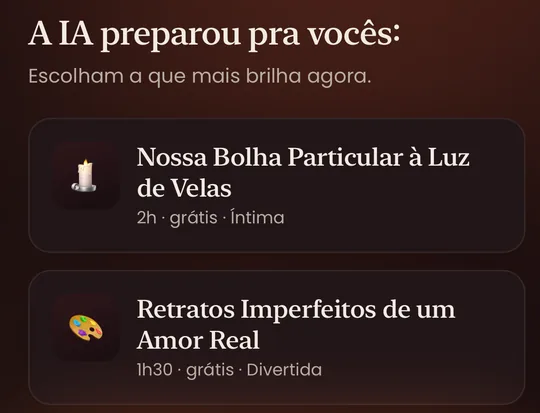 Tela do LoveDay: a IA preparou ideias de date para o casal