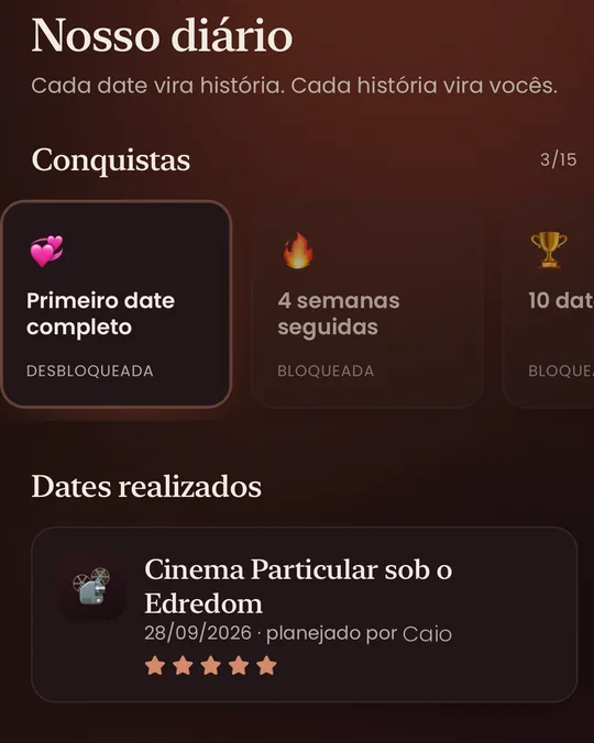 Diário do casal no LoveDay com conquistas e dates realizados